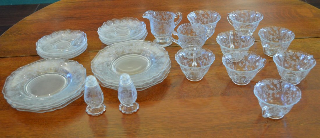 Cambridge Glass Luncheon Set: Cambridge Glass Luncheon Set. Rose Point pattern, eight lunch plates, 8"dia., eight saucers, 6"dia., eight tea cups, creamer/sugar, 3" and 3 3/4"h. and salt/pepper, 4"h.