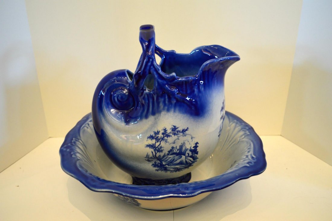 Wash Bowl And Pitcher: Wash Bowl And Pitcher. Empress ironstone set in blue and white, 12 1/2"h. 16"w.