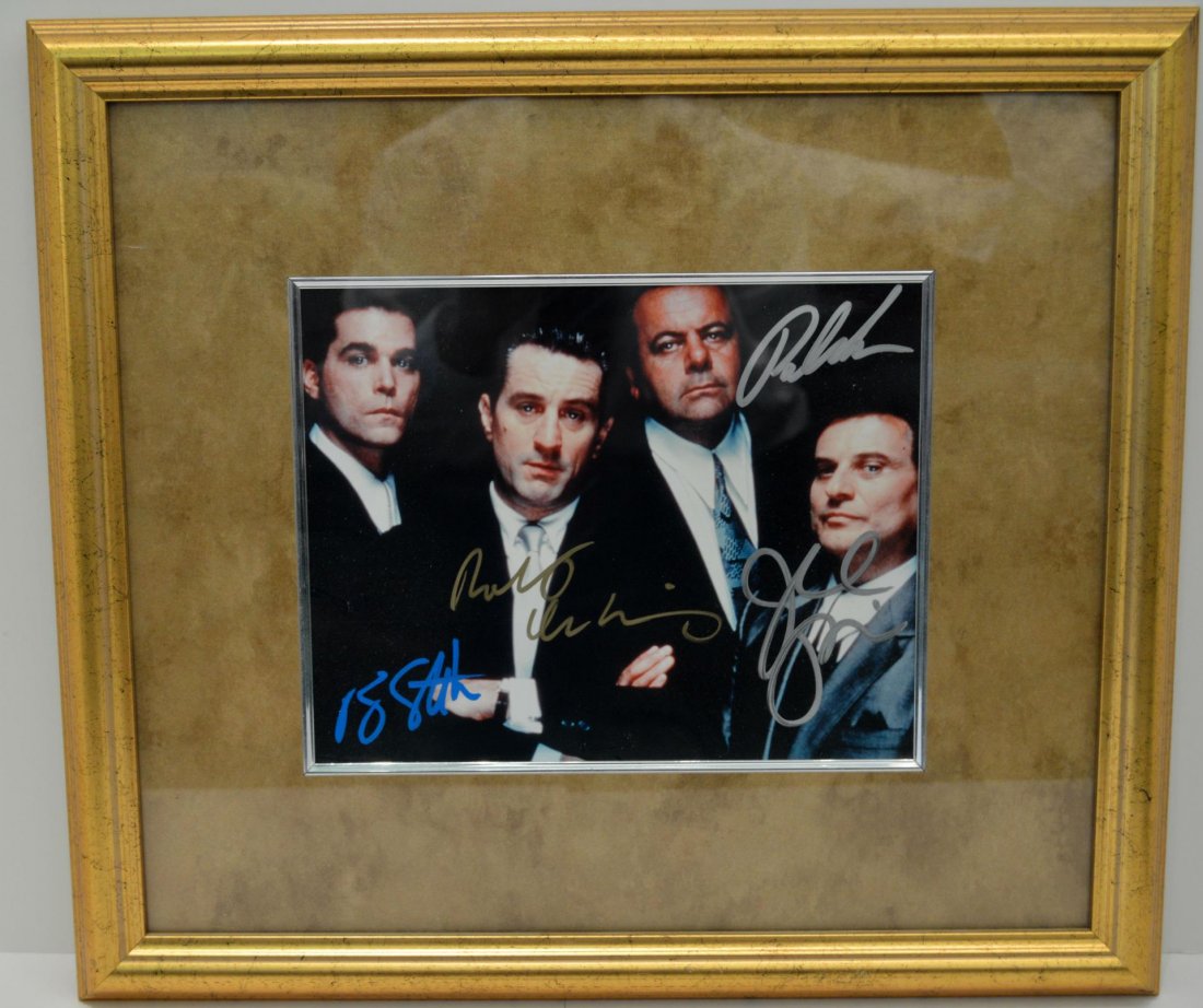 Signed Movie Poster: Signed Movie Poster. Goodfellas movie poster with Ray Liotta, Robert De Niro, Paul Sorvino and Joe Pesci, with signatures and C.O.A from Sign Here Collectibles, matted and framed, 16"h. 18"w.