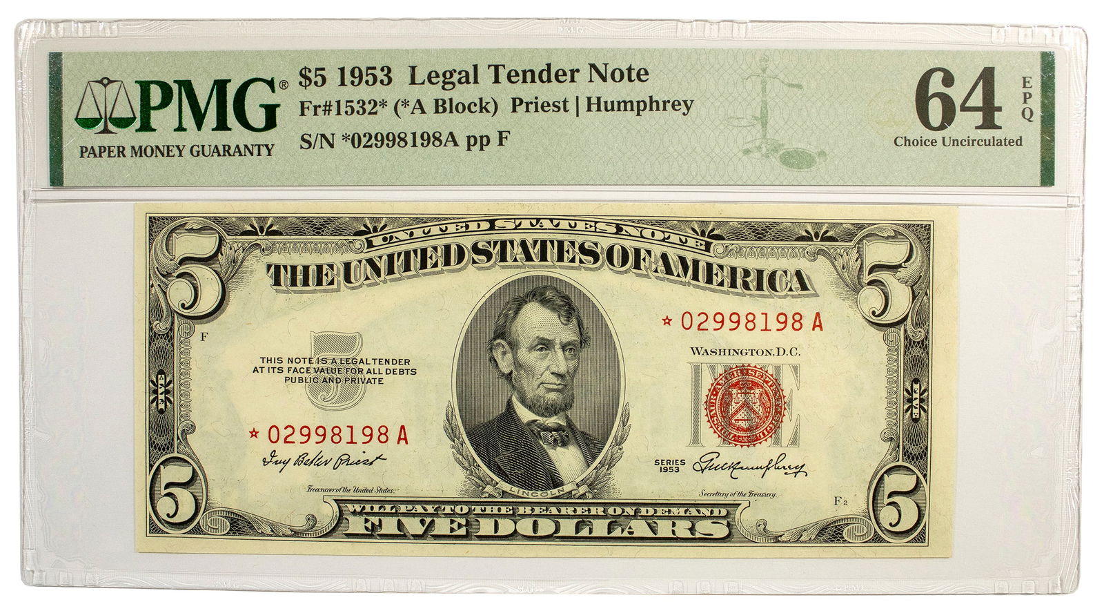 PMG Choice-64 1953 Red Seal $5 Star Note (1 of 2)
