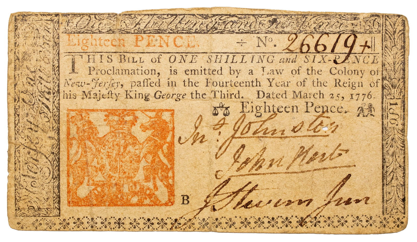 VF John Hart Signed NJ Colonial Note (1 of 2)
