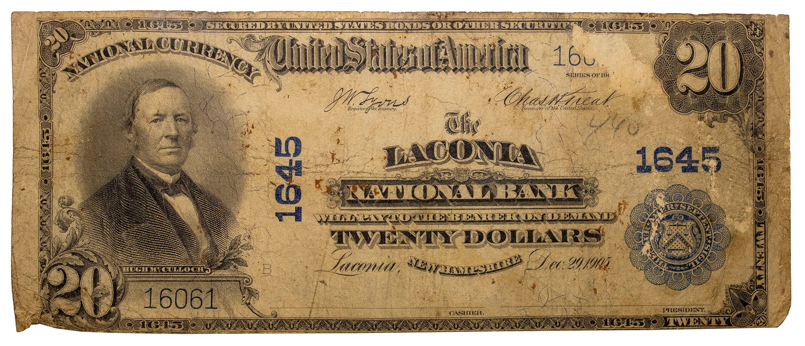 Fine Details 1902 Laconia NH $20: Plain Back. Shows some ink loss at the top seri...