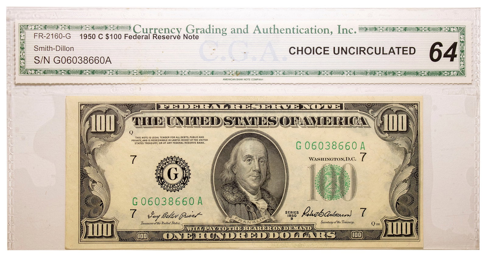 CGA Choice UNC-64 1950-B $100 FRN: A nice UNC example. Note: the holder wrongly st...