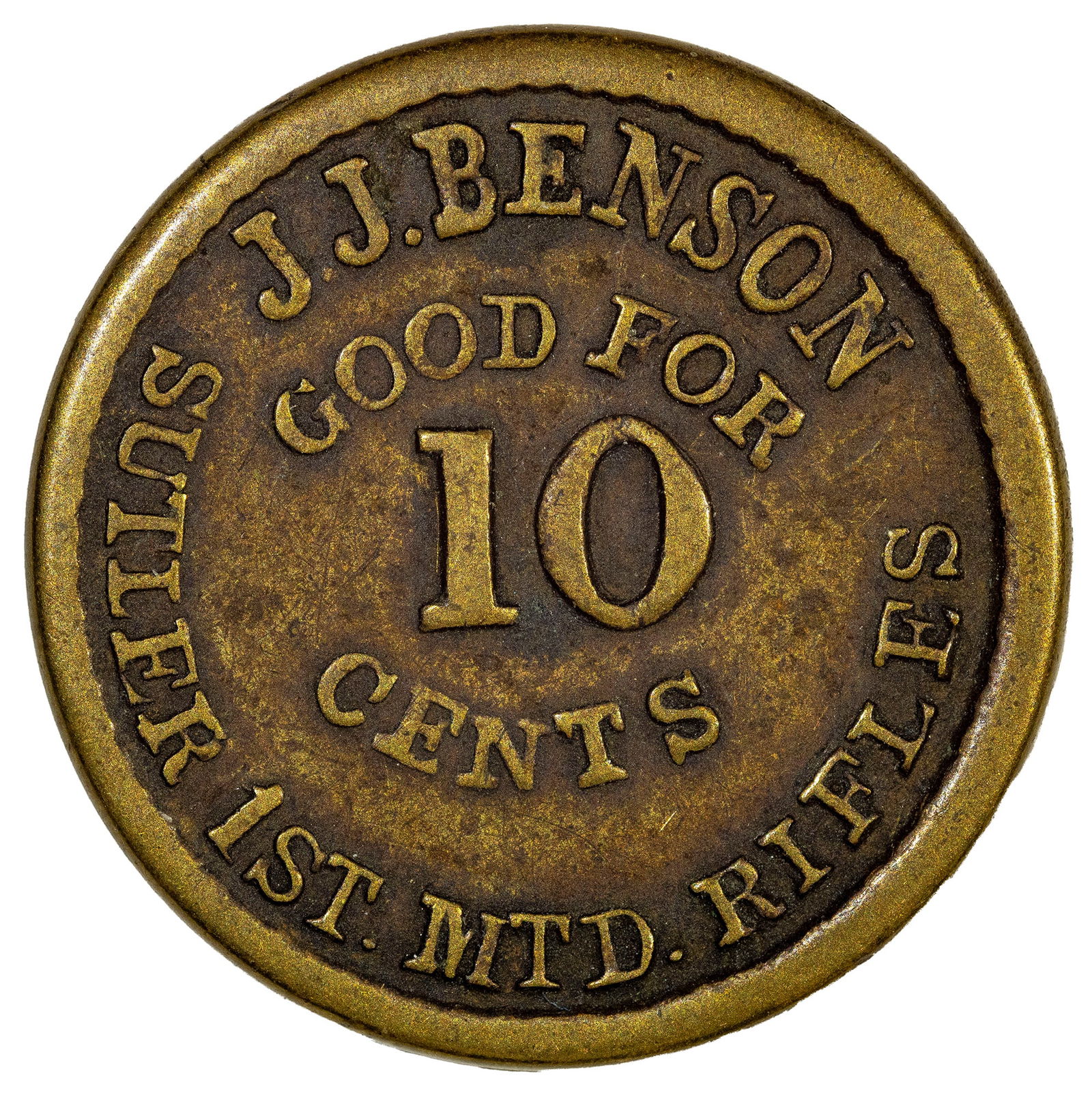 VF-30 JJ Benson Civil War Sutler Token: 10 Cents Copper. First Mounted Rifles. New York. A nice problem free example. Very Scarce.
