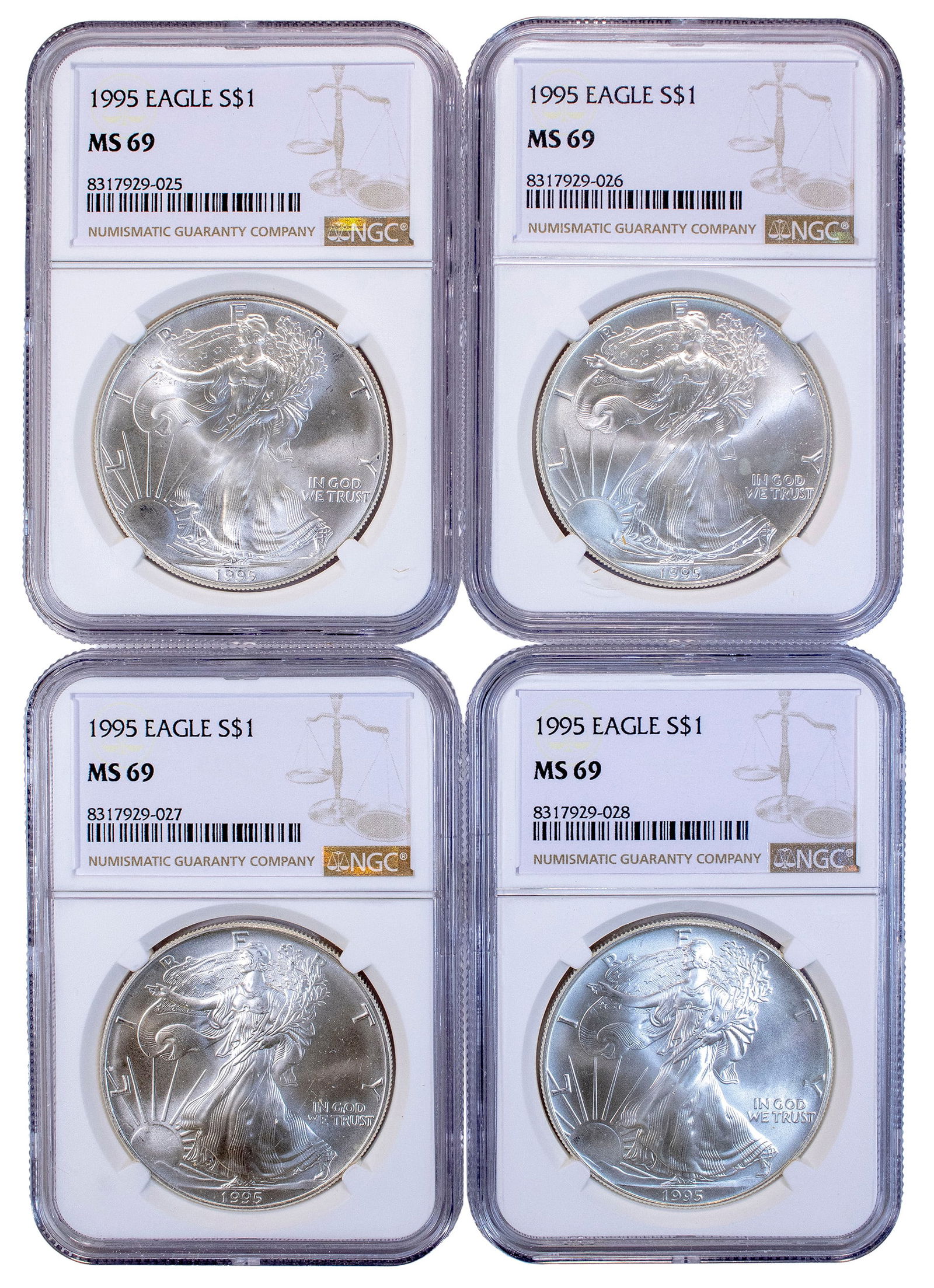 4 Pcs NGC MS-69 1995 Silver Eagles (1 of 2)