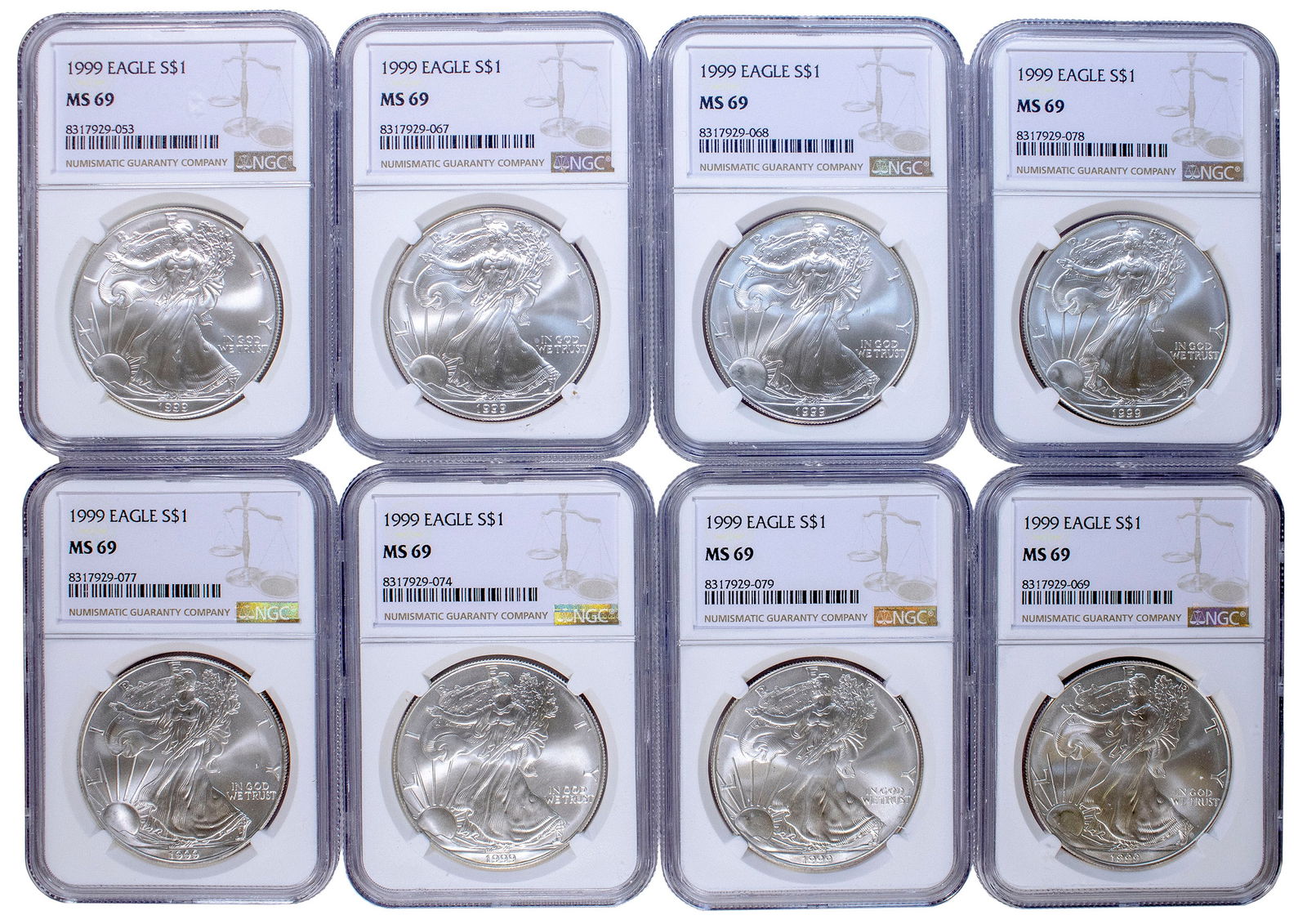 8 Pcs NGC MS-69 1999 Silver Eagles (1 of 2)