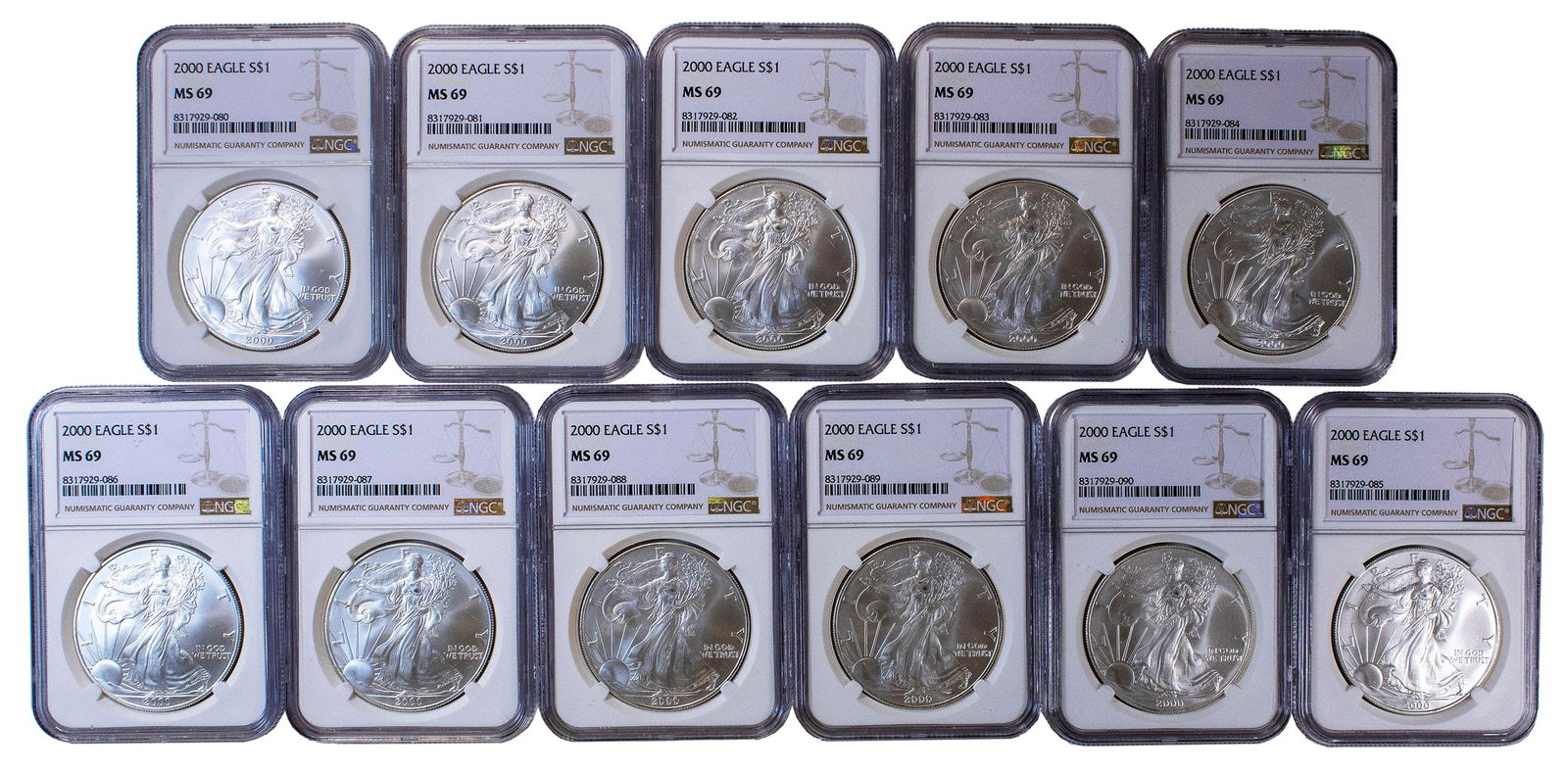 11 Pcs NGC MS-69 2000 Silver Eagles (1 of 2)