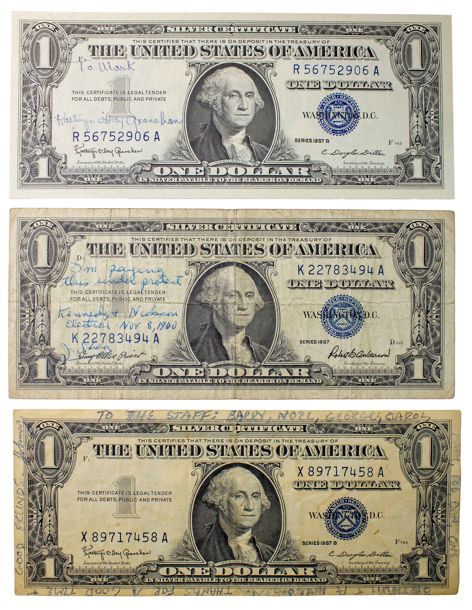 Three Courtesy Signed $1 Silver Certificates (1 of 2)