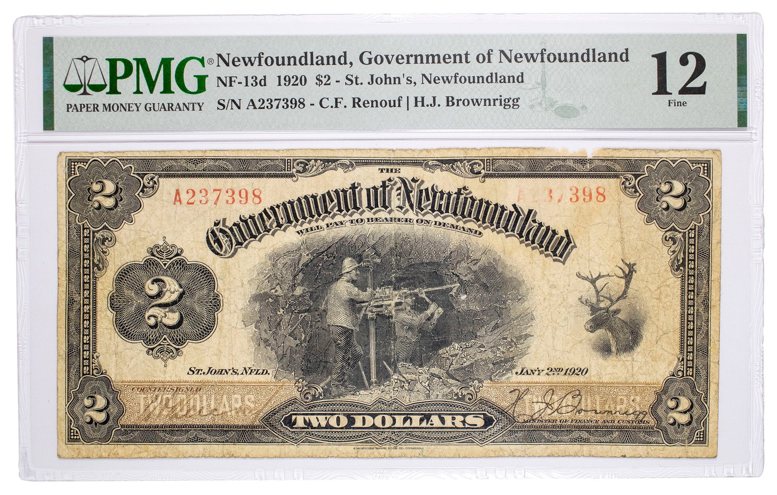 Newfoundland. PMG Fine-12 1920 $2 Note Rarity (1 of 2)