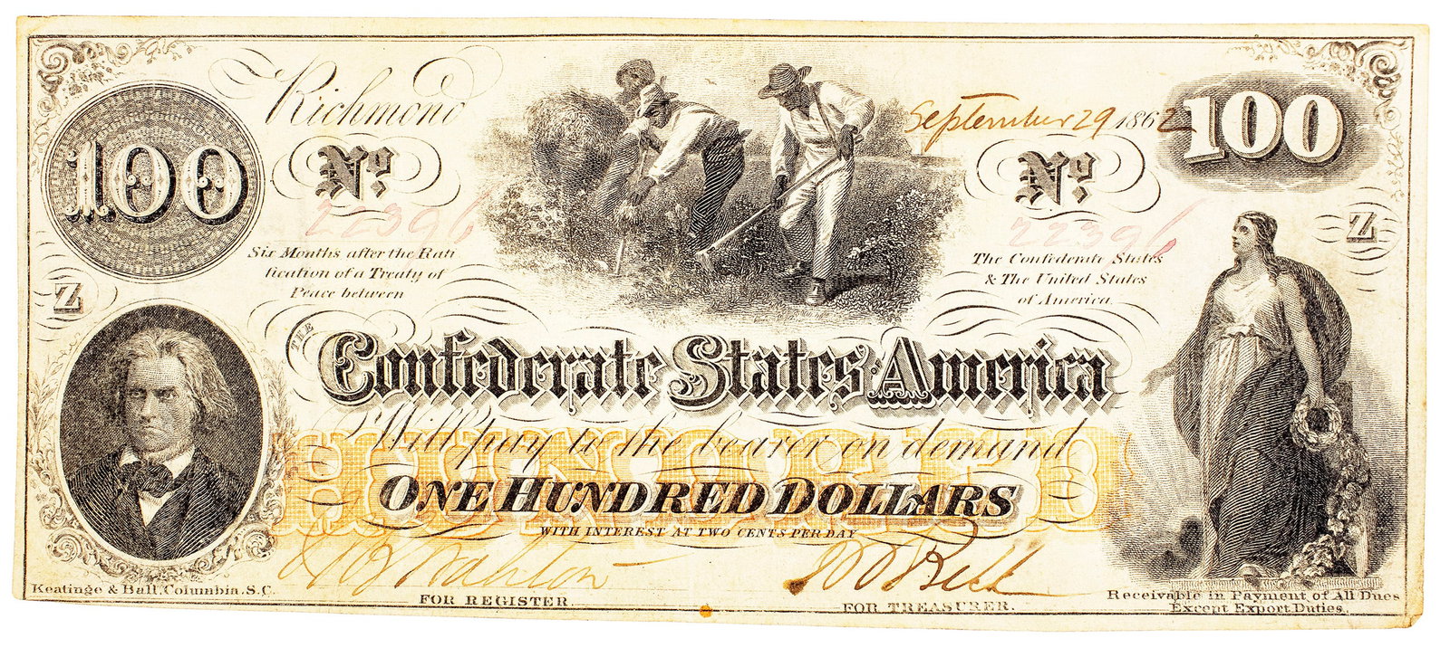 Confederate States. 1862 $100 Note (1 of 2)