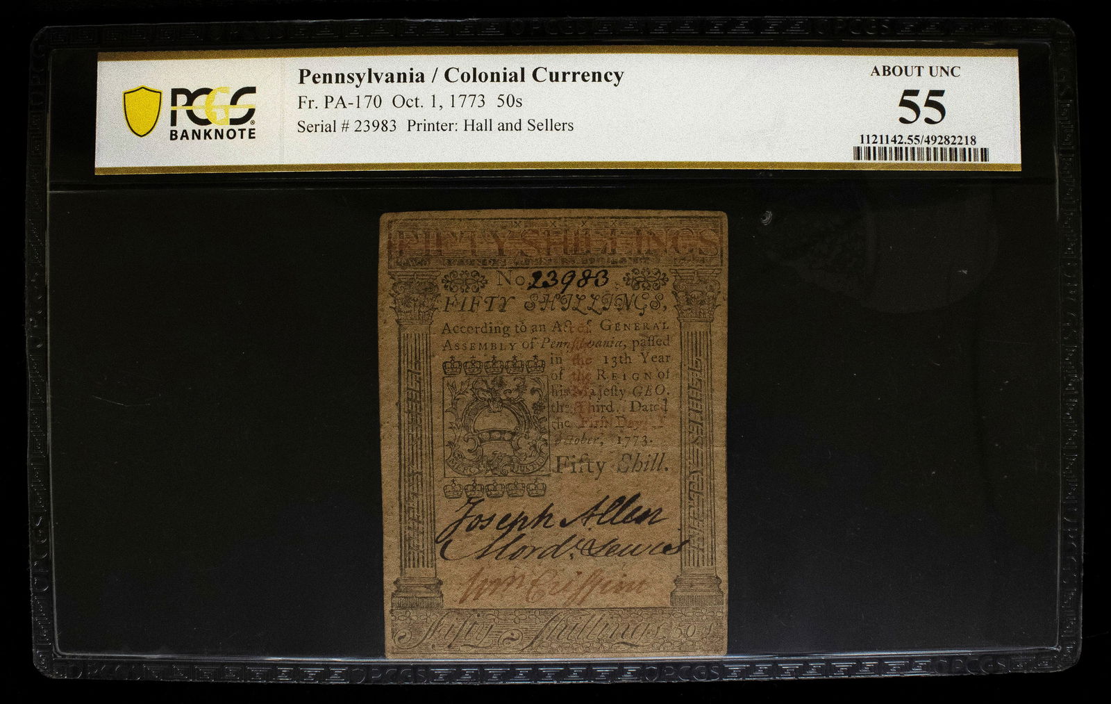 Pennsylvania. PCGS AU-55 1773 Fifty Shillings (1 of 2)