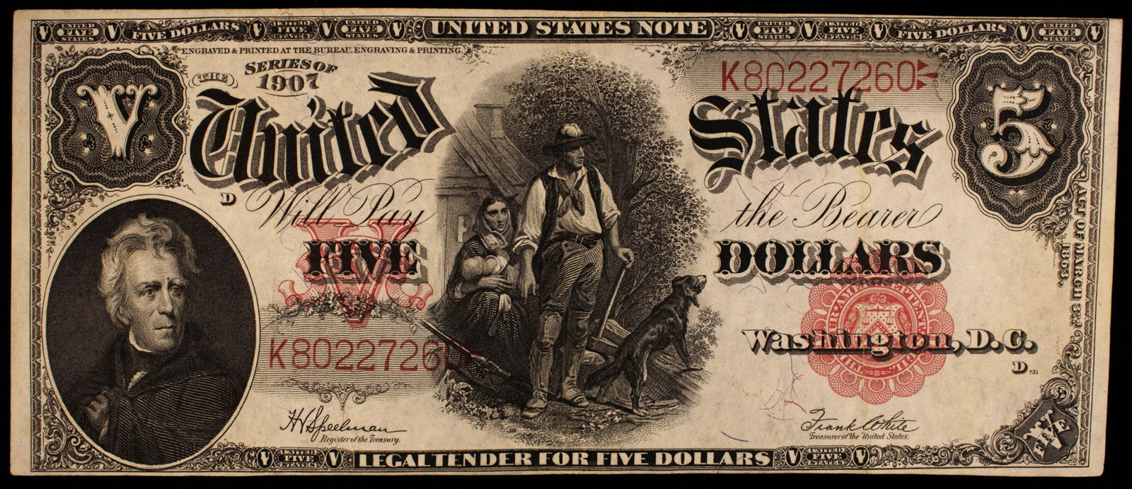 EF+ 1907 $5 Woodchopper U.S. Note (1 of 2)