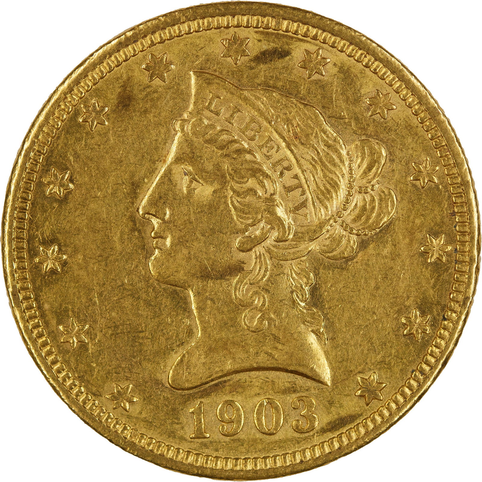 AU-50+ 1903-O $10 Gold Liberty: A nice lustrous example of this seldom seen New Orleans Mint issue.