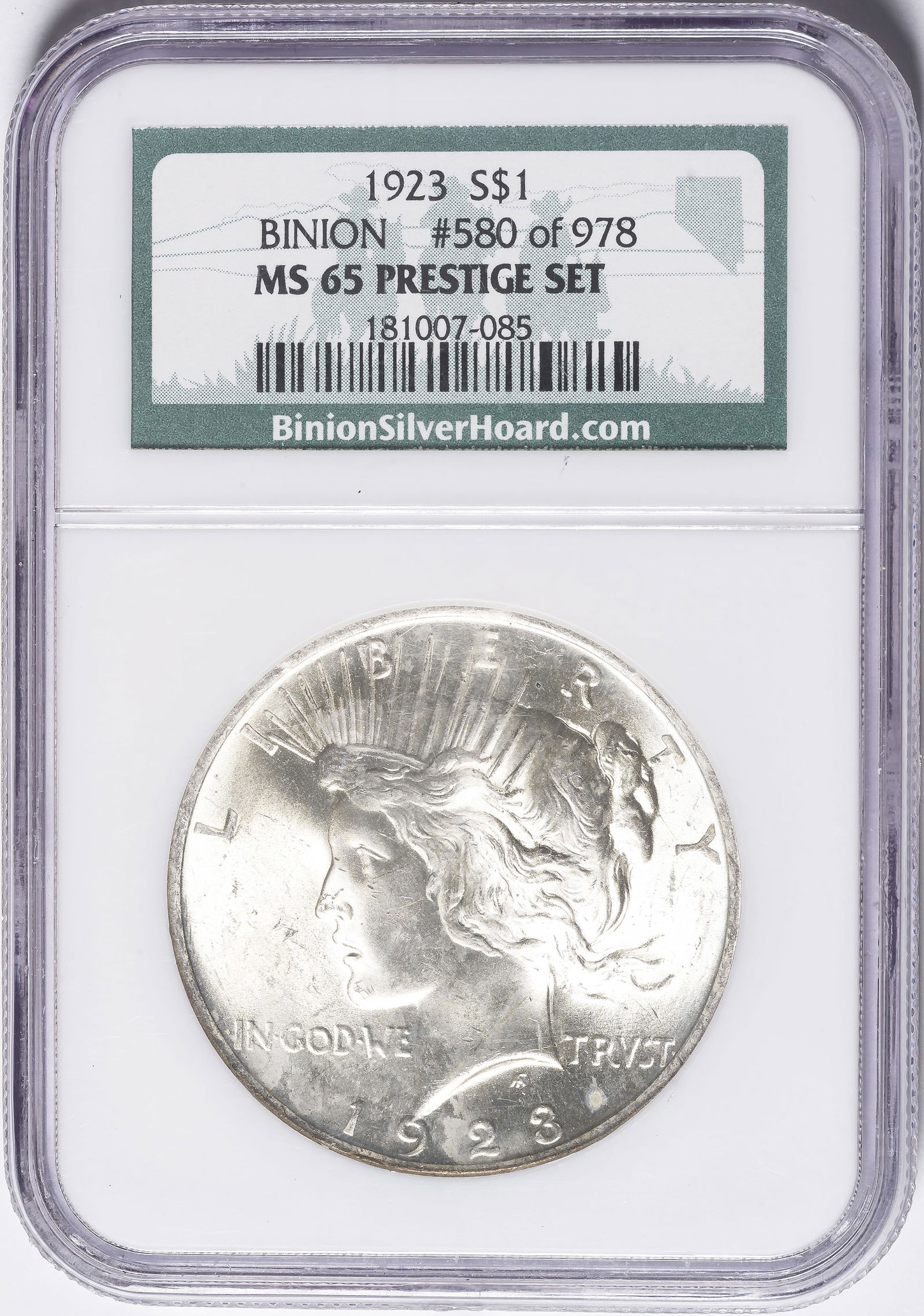 NGC MS-65 1923 Binion Collection Peace Dollar (1 of 2)