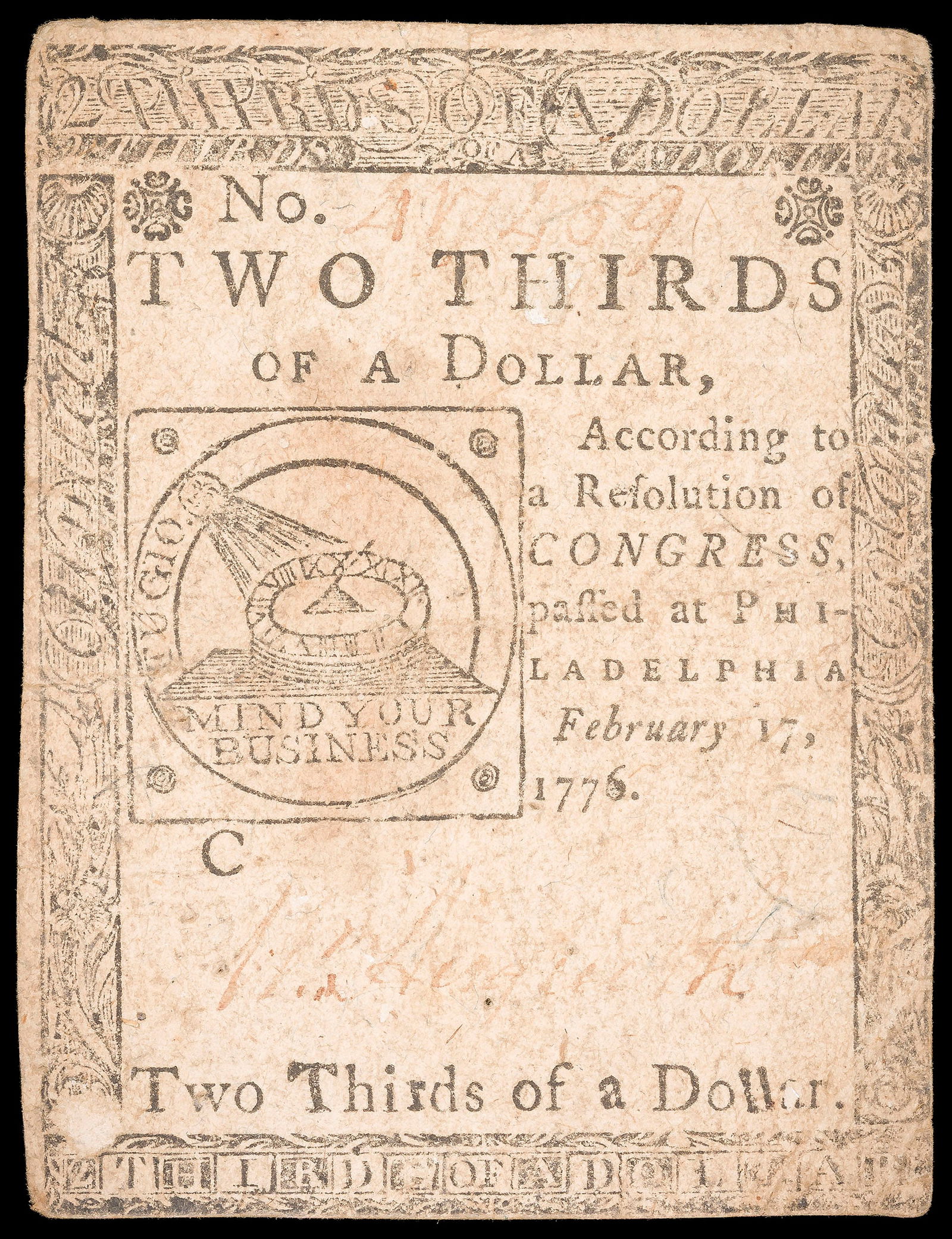 VF 1776 $2/3 Continental Currency (1 of 2)