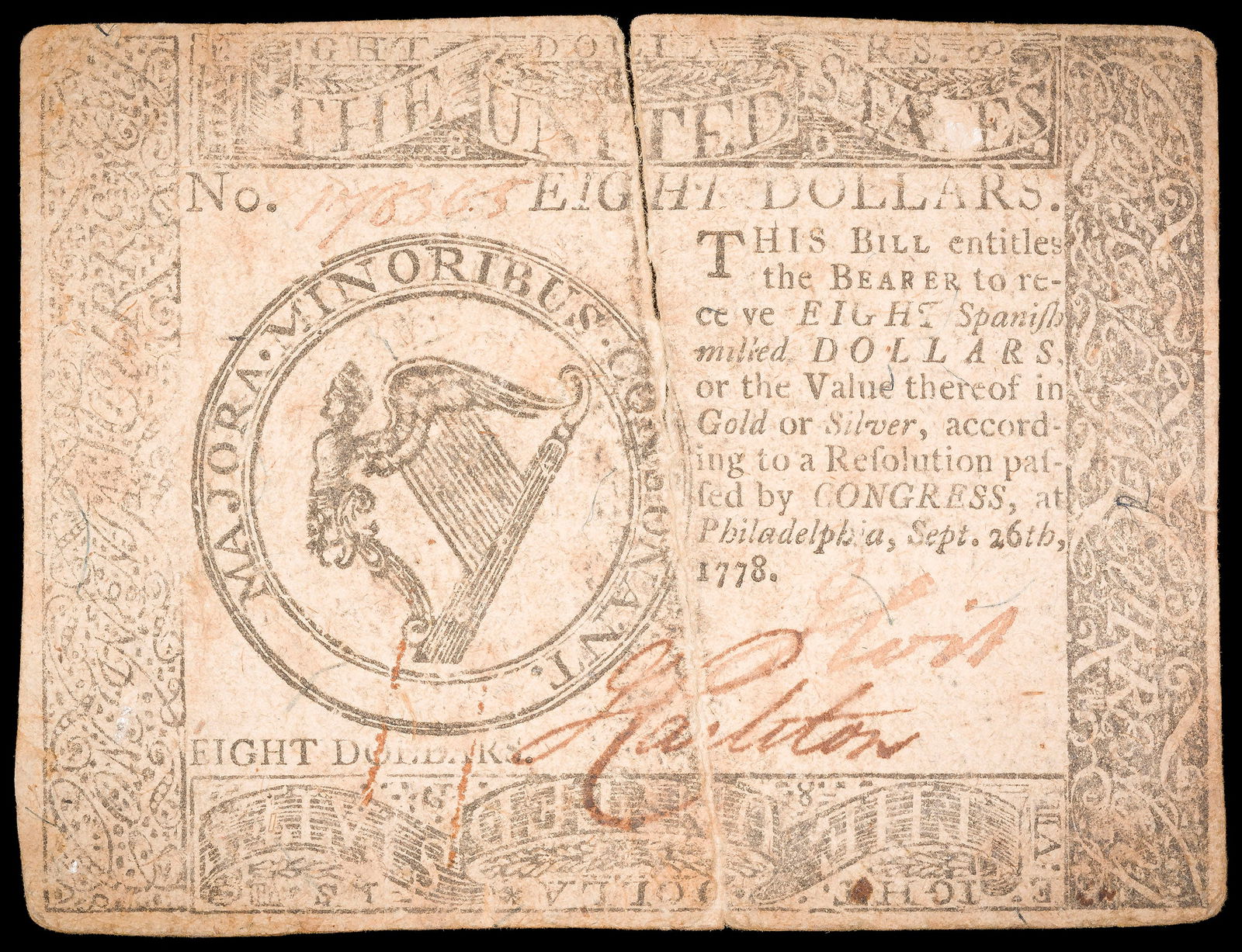 VF Details 1778 $8 Continental Currency (1 of 2)