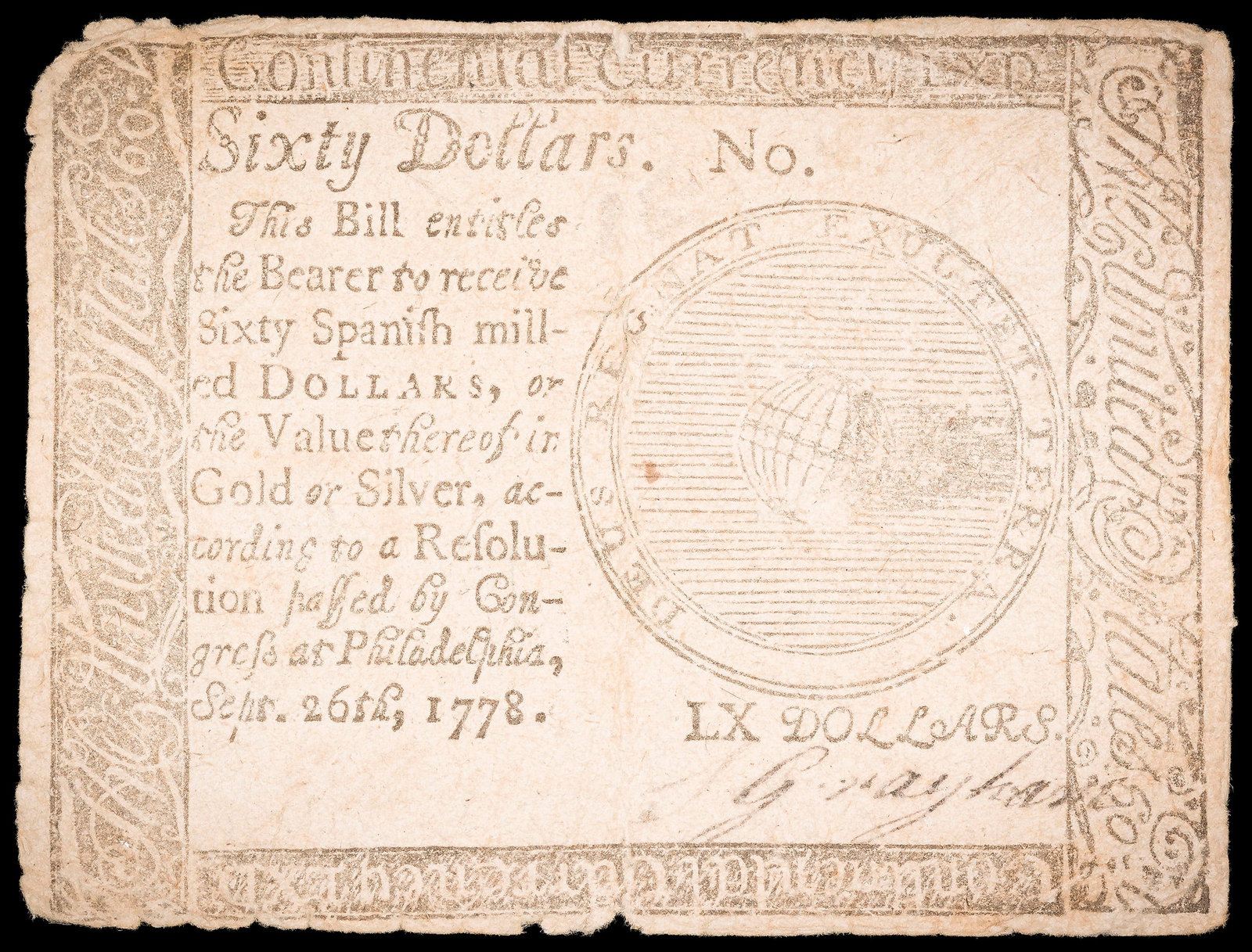 Fine 1778 $60 Continental Currency: Fr.CC-86. September 26, 1778. Shows some rounding at the upper left corner.