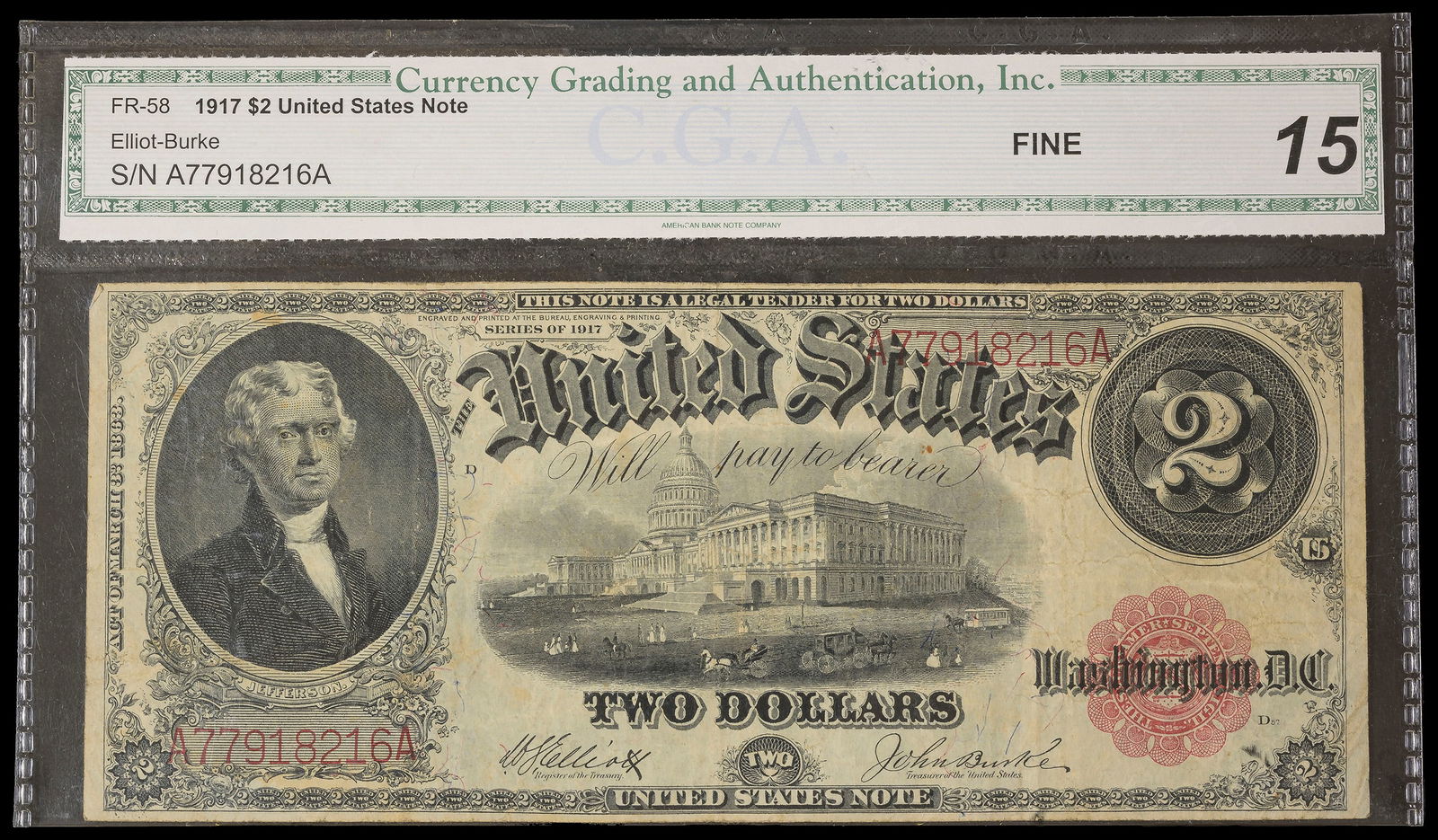 CGA F-15 1917 $2 U.S. Note (1 of 2)