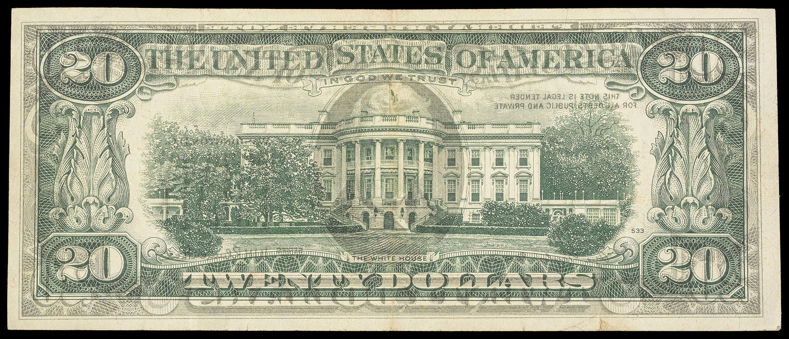 EF 1977 $20 FRN Complete Ink Transfer Error: Cleveland District. The entire front design has been printed on the back. Scarce and desirable.