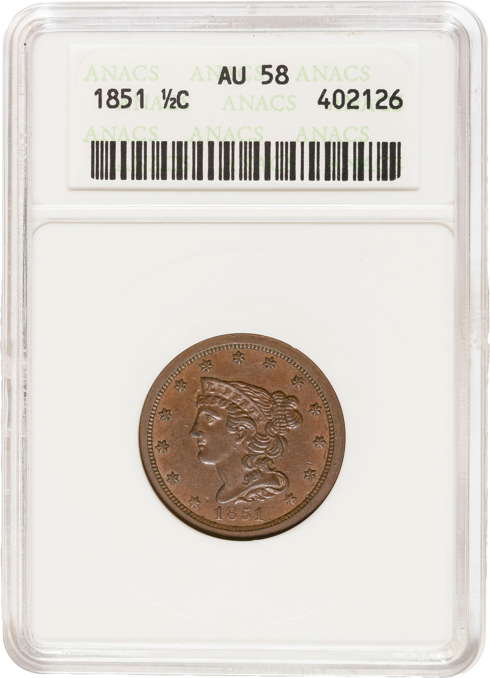 ANACS AU-58 1851 Half Cent (1 of 2)