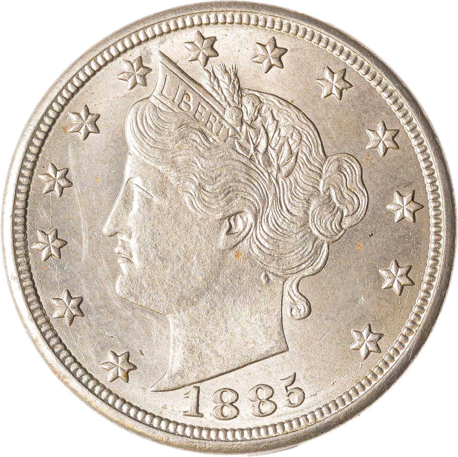 UNC Details 1885 Liberty Nickel: Lustrous and sharp. Shows a small wipe at Liberty's throat. Would grade MS-62 otherwise.