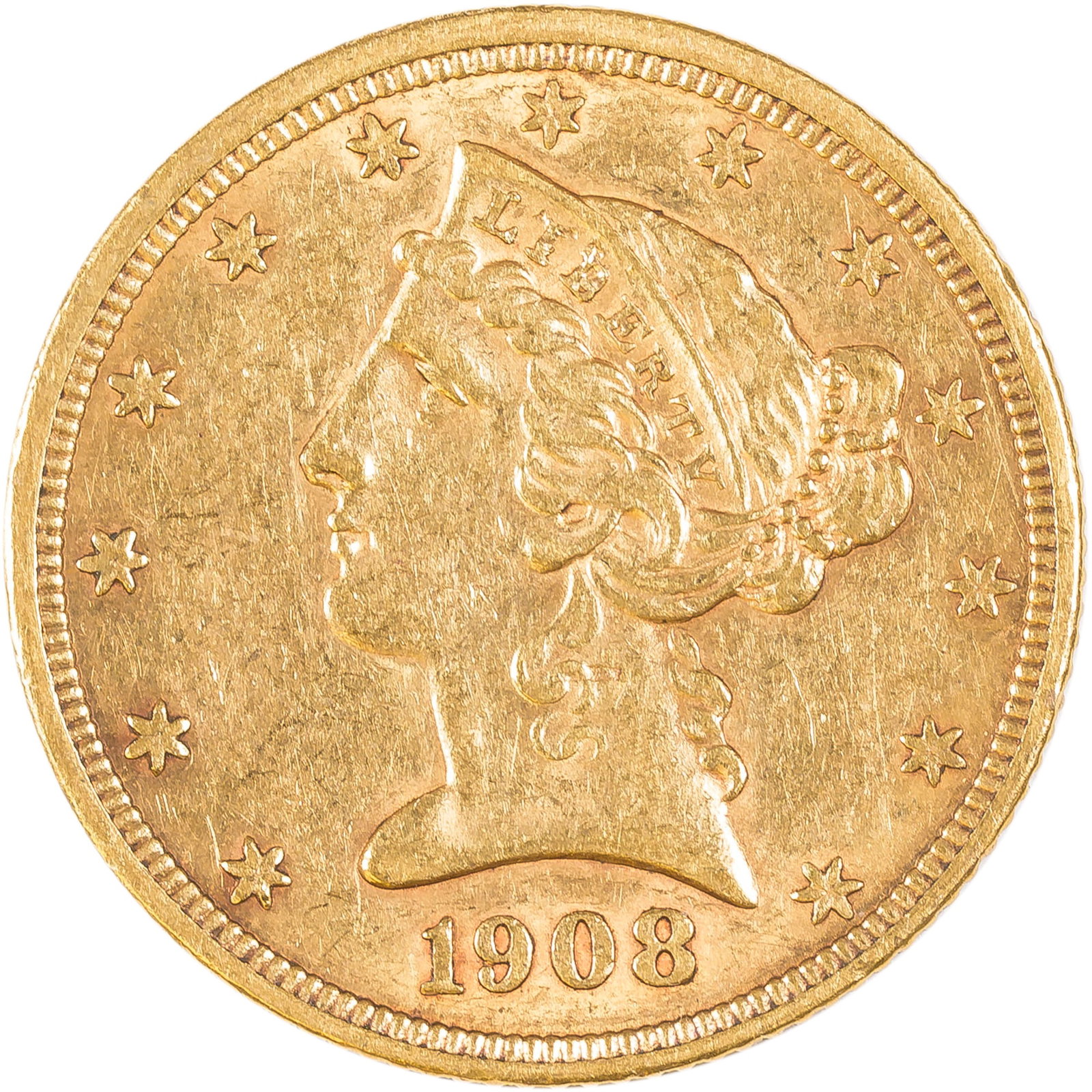 AU-50 1908 $5 Gold Liberty: Original with mint luster still remaining.