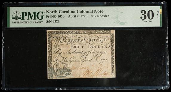 North Carolina. April 2, 1776 Eight Dollars Note: PMG VF-30 Net. Fr-NC-165b. Repaired, Corners Added. Still fairly crisp and notably attractive despite the PMG qualifier. Scarce.