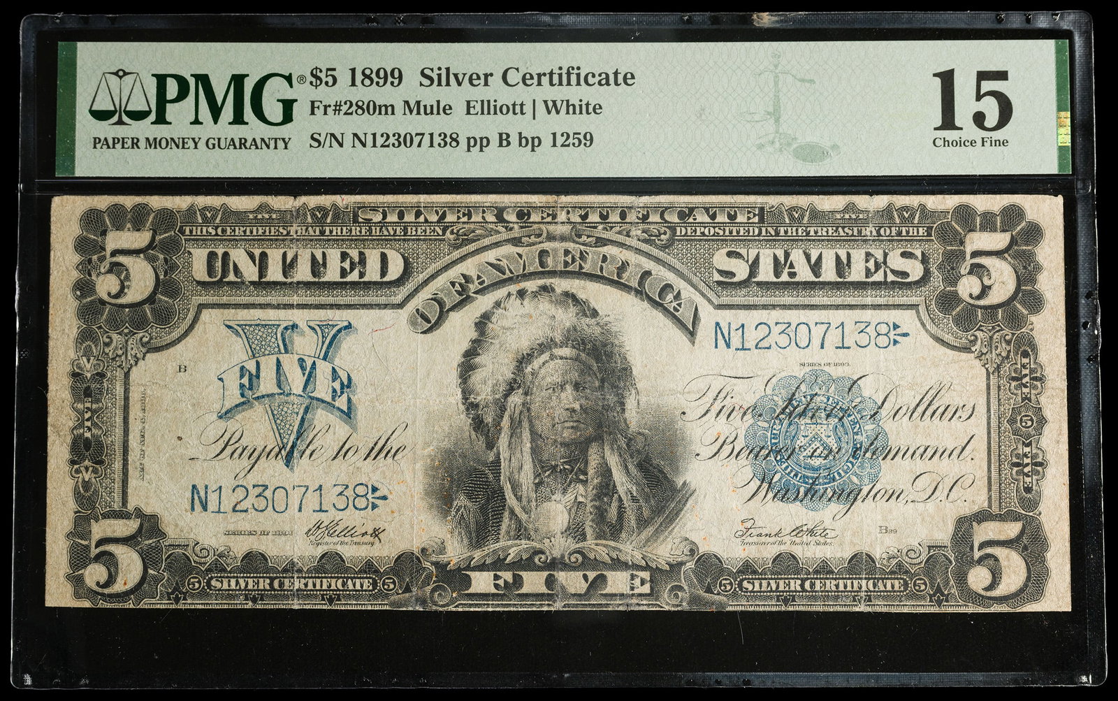 PMG Fine-15 Series 1899 Chief Oncpapa $5: Fr-280m, Mule. Creased and toned, bottom face margin tight to design.