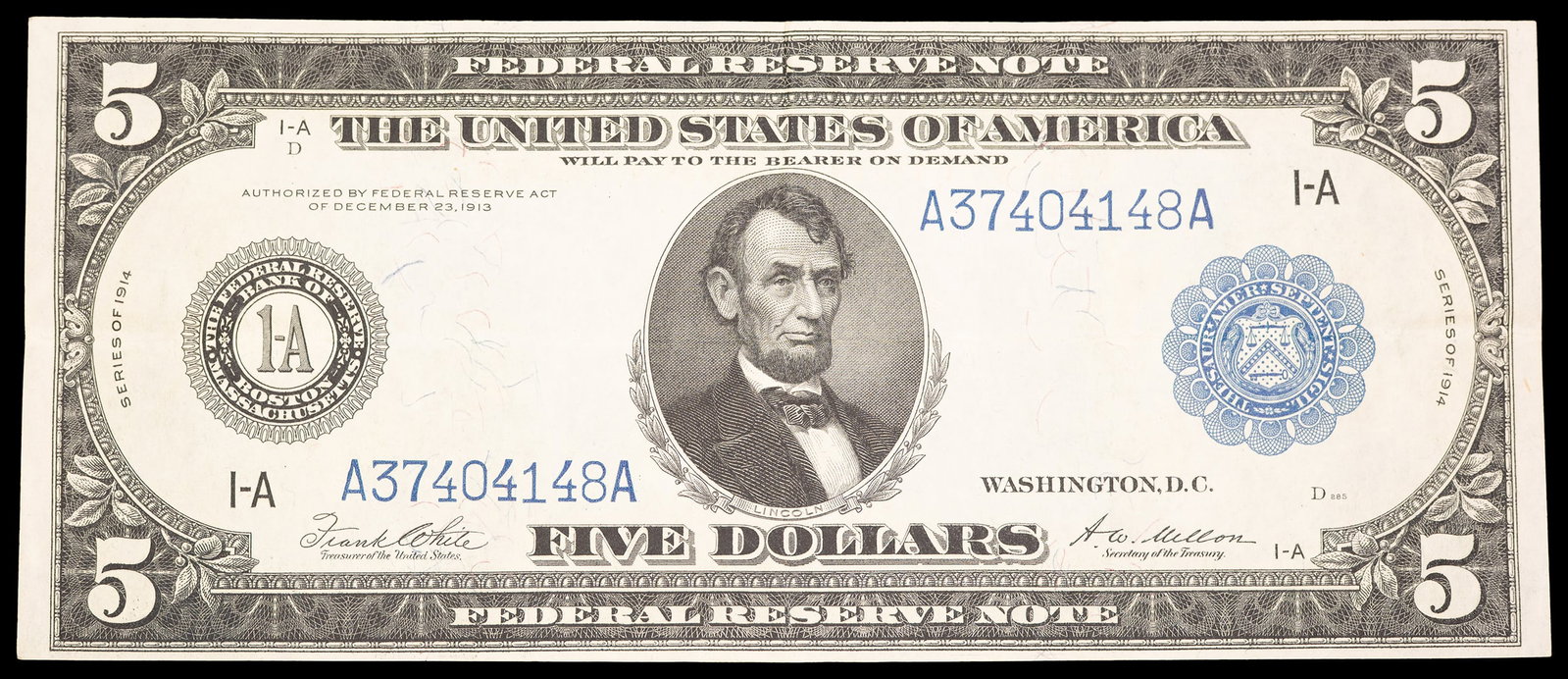 EF or Finer Series 1914 $5 FRN: Fr-851A. Crisp with just faint creases. Strong inking and excellent eye appeal for the grade.
