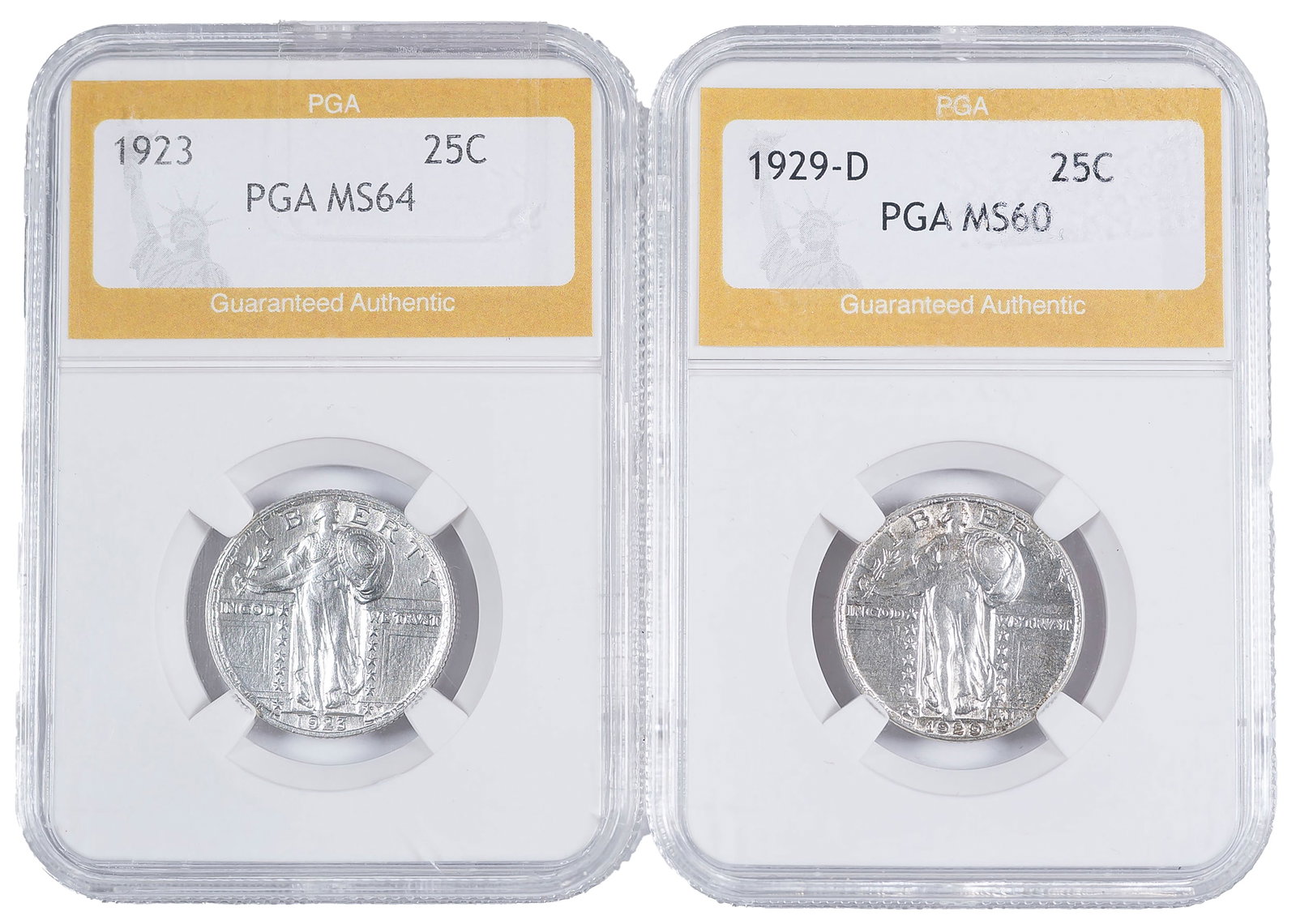 Generic Certified Standing Liberty Quarter Pair: Includes PGA MS-64 1923 and PGA MS-60 1929-D. We're grading the 1923 at AU-58 Cleaned and the 1929-D an AU-50. (Total: 2 pcs)