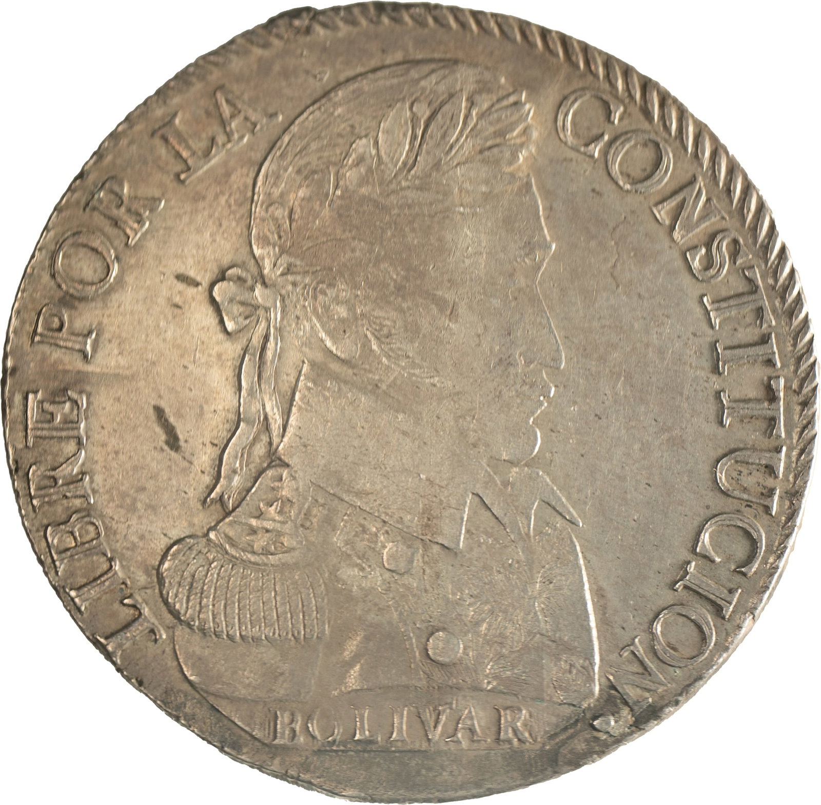 Bolivia. AU-50 1839-LM 8 Soles: Potosi Mint. Bust of Bolivar right, alpacas and tree on reverse. Soft silver-gray with bold physical presence.