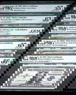 Quintet of PMG-Certified $1 Notes: Includes: Silver Certificates. Fr-1600, 1928 AU-55 EPQ. Monopoly Back; Fr-1615R1, 1935-F MS-63 EPQ; Fr-1617, 1935-G MS-65 EPQ; Fr-1619*, 1957 MS-66 EPQ Star Note, Serial No. *07515471B. Federal Reserv