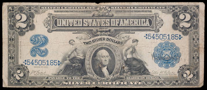 VG to Fine Series 1899 $2 Silver Dollar Note: Well-worn, creased and wrinkled, some toning.