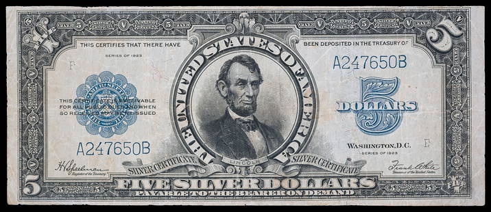 VF Series 1923 Porthole $5 Silver Certificate: Fr-282. Some toning and a crease in each direction, horizontal and vertical, but still fairly crisp for a well-circulated note. Lincoln's visage in a round circle, hence the nickname of this scarce an