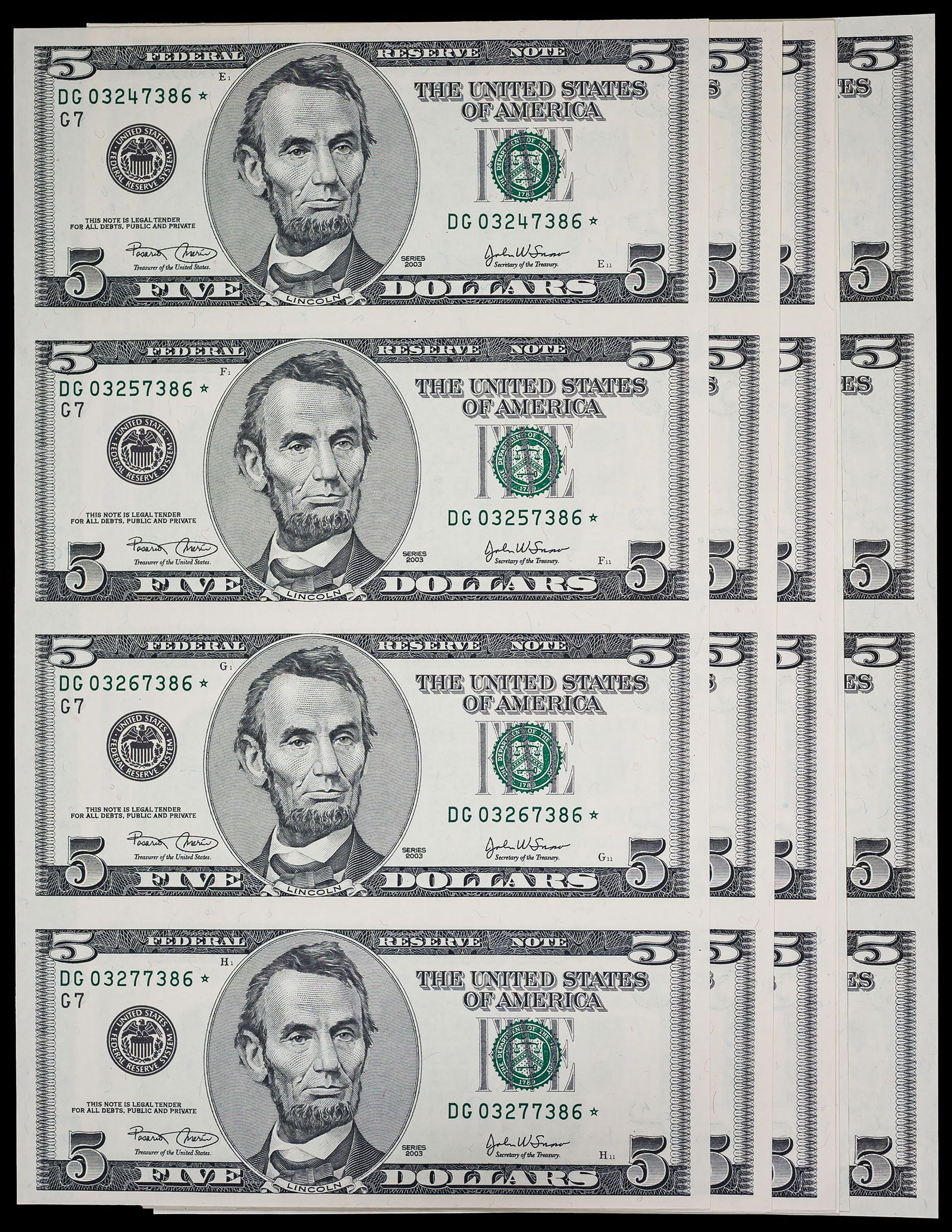 Group of 2003 $5 Four-Note Sheets of Star Notes (1 of 1)