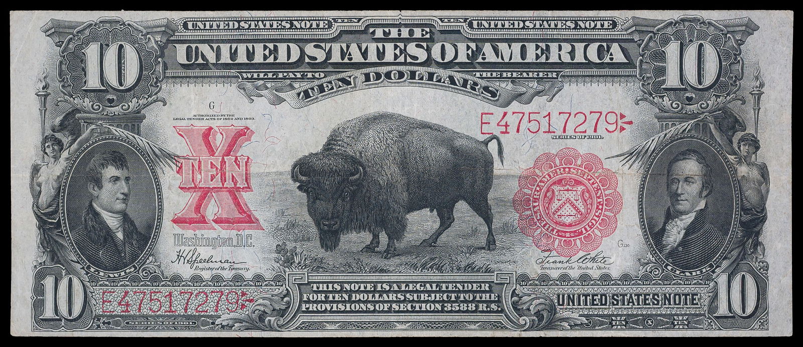 VF-EF Series 1901 Bison $10 United States Note: Fr-122. Lightly toned but with no distractions. Evenly inked and still fairly bright throughout. Bisons americanus at center, flanked by portraits of Meriwether Lewis and William Clark. An ever-popula