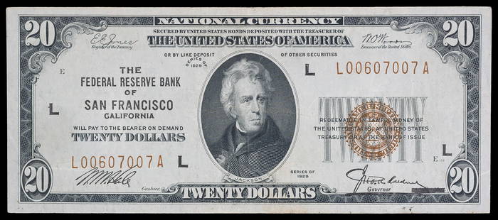 EF 1929 National Currency $20: California. San Francisco. Fr-1870L. Solid paper quality despite some minor signs of circulation. Serial No. L00607007A.