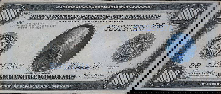 VF 1914 $100 Federal Reserve Note: Fr-1091. New York, 2-B. Paper quality of EF strength, but creases in both directions and some reverse toning give us a solid VF for this note.