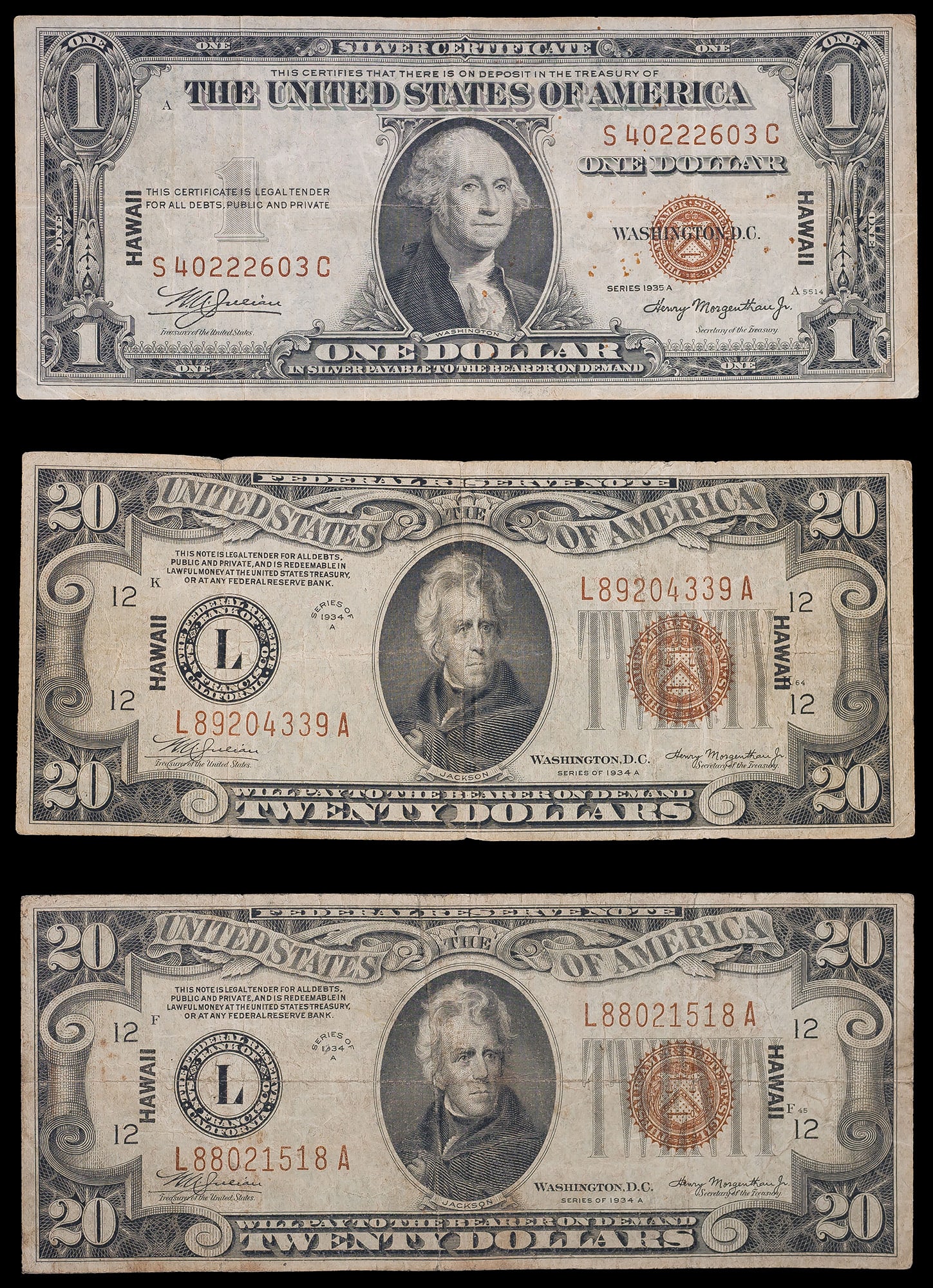 Three 1934-1935 Hawaii Overprint Notes (1 of 2)
