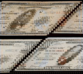 Fine-VF National Currency Note Duo: Includes: Massachusetts. Federal Reserve Bank of Boston, $5; and NYC. Public National Bank and Trust Company of New York $10. Charter No. 11034. (Total: 2 pieces)