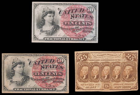 Fractional Currency Threesome: Includes: 1862 1st Issue 25-Cents, VF; and 1863 4th Issue 10-Cents, EF (2). A pleasing trio. (Total: 3 pieces)