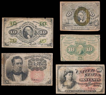 Fractional Currency Quintet: Includes: Fr-1242, 1862 1st Issue 10-Cents, VG; Fr-1245, 1862 2nd Issue 10-Cents, Fine; Fr-1235, 1863 3rd Issue 10-Cents, VF, some tears; Fr-1258, 1863 4th Issue 10-Cents, Fine; and Fr-1266, 1874 5th