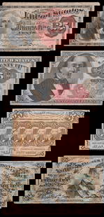 Fractional Currency Foursome: Includes: Ffr-1231, 1862 1st Issue 25-Cents, VF; Fr-1254, 1863 3rd Issue 25-Cents, VG; 1863 4th Issue, Fine-VF; and Fr-1309, 1874 5th Issue 25-Cents, VF, torn. (Total: 4 pieces)
