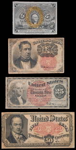 Fractional Currency Quartet: Includes: Fr-1232, 1863 2nd Issue Five-Cents, EF; Fr-1874 5th Issue 10-Cents, Fine+; Fr-1265, 4th Issue 25-Cents, VG to Fine; and Fr-1381, 1875 5th Issue 50-Cents, VF. (Total: 4 pieces)