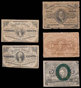 Fractional Currency Group: Includes: Fr-1225, 1863 3rd Issue Three-Cents, Fine; Fr-1226, 1863 3rd Issue Three-Cents, Fine-VF; Fr-1230, 1862 1st Issue Five-Cents, Good; Fr-1238, 1863 3rd Issue Five-Cents, Good, edge chips; and F
