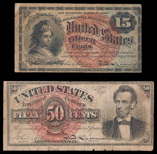 Fractional Currency Pair: Includes: Fr-1271, 1863 4th Issue 15-Cents, VF; and Fr-1374, 1863 4th Issue 50-Cents, Fine, tiny cuts on bottom edge. (Total: 2 pieces)