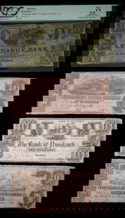 Confederate States and Obsolete Notes Group: All average circulated. Includes: CSA. December, 1862 $10; and February, 1864 $20. Obsolete. Michigan. Ypsilanti. Bank of Ypsilanti. 1837 $10; and Virginia. Norfolk. Exchange Bank of Virginia. PCGS Fi