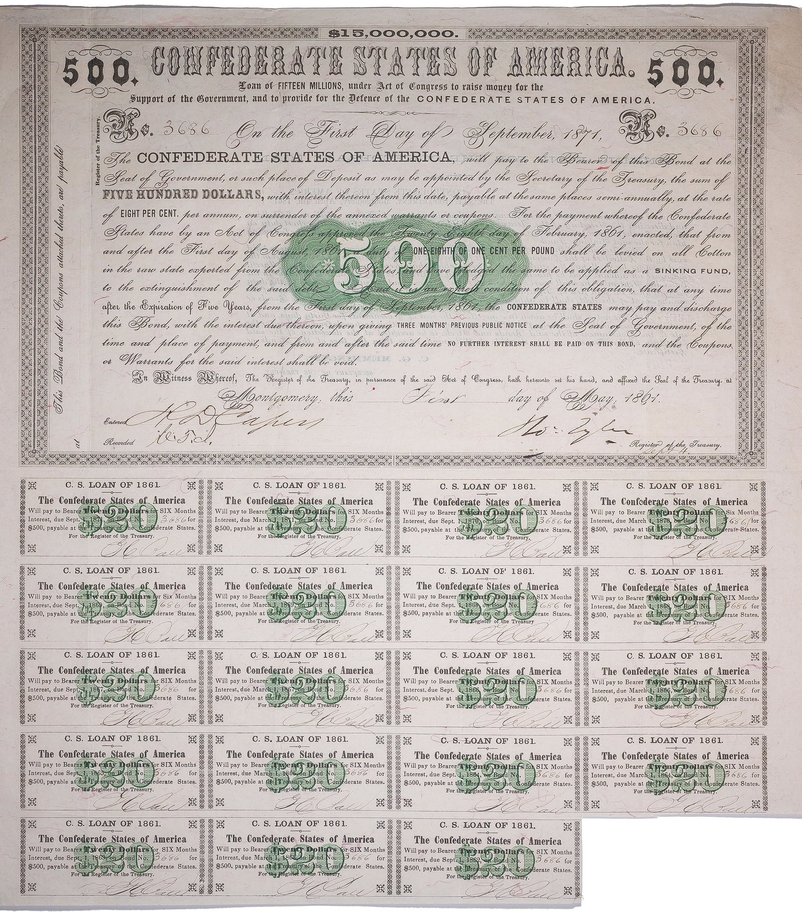 Scarce Type Confederate 1861 $500 Bond: Nice VF+. Bond No. 3686. Printed letter from C.G. Memminger, Confederate Staes Secretary of the Treasury.