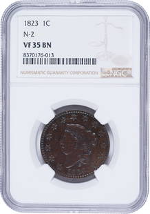 NGC VF-35 1823 Normal Date Large Cent: Newcomb-2. A chocolate-brown example of what is, far and away, the key date of the Matron Head large cent design type, 1816-1839. Desirable in all grades, and well worth a serious bout of bidding acti