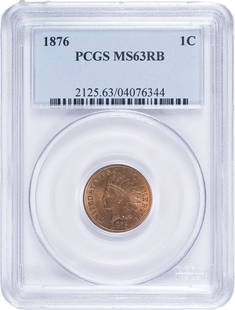 PCGS MS-63 RB 1876 Indian Cent: Satiny and boldly lustrous with the red in the RB equation in dominance on both sides. Sharply struck. Some minor flecks appear under a glass, but the in-hand appeal is substantial.